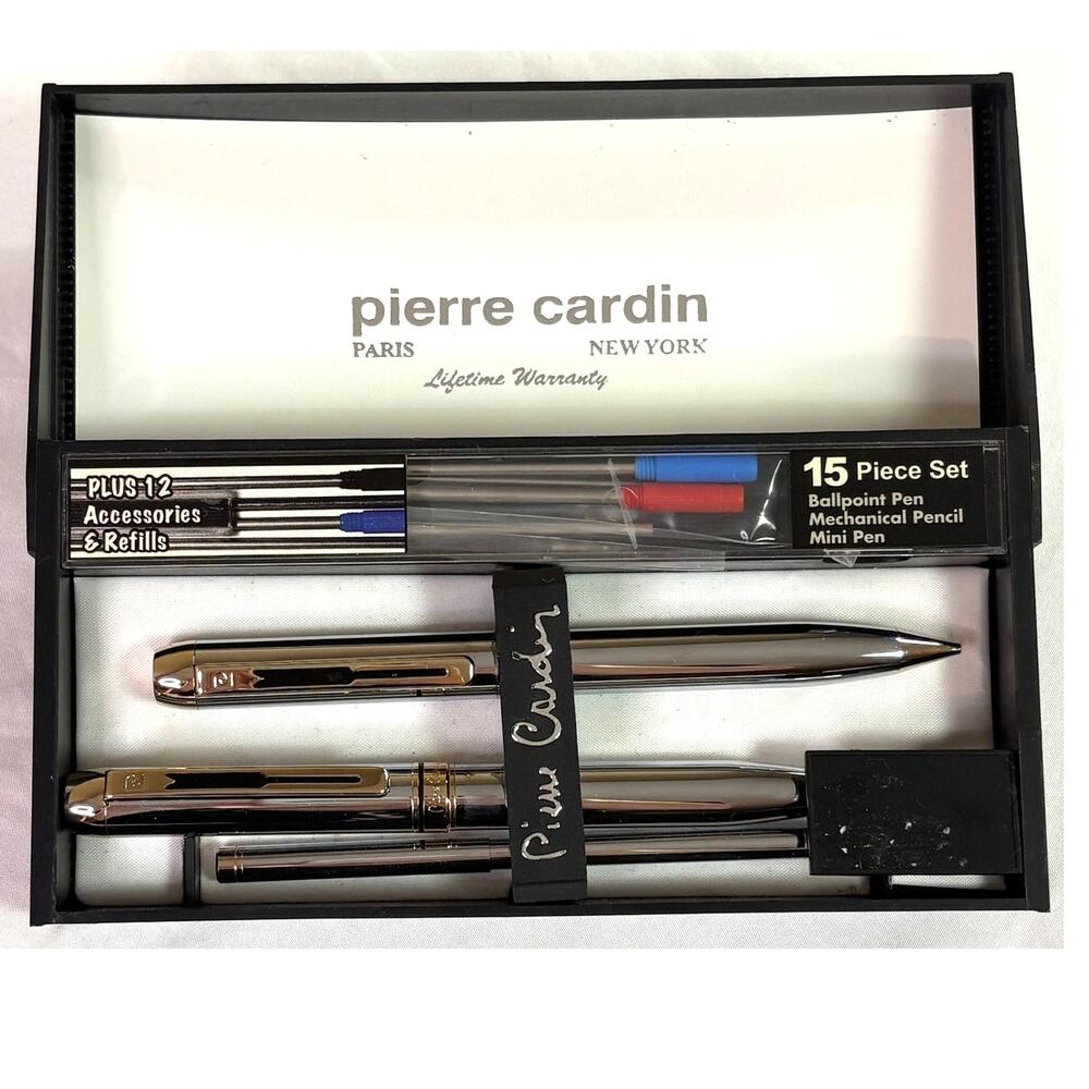 Pierre Cardin 15-Piece Pen Set Vintage Silver Chrome Gold Accents Luxury Gift